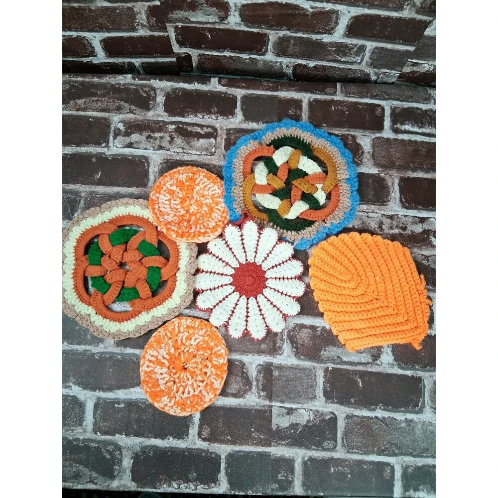 Lot Of 6 Vintage Crochet Pot Holders Trivets Handmade Kitchen Decor 70s 80s